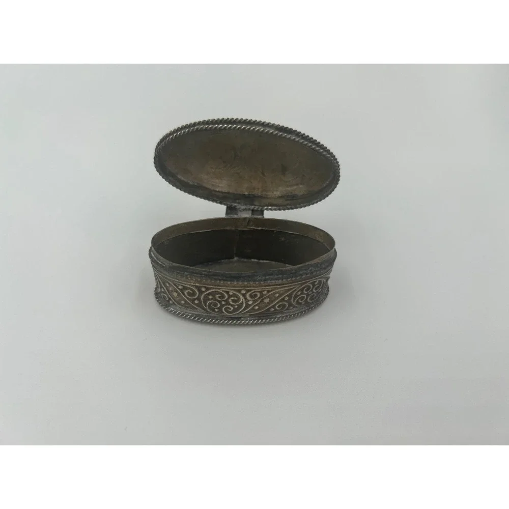 Vintage Berber Metal Pill Box Ornate Coral Genstome Snuff Box